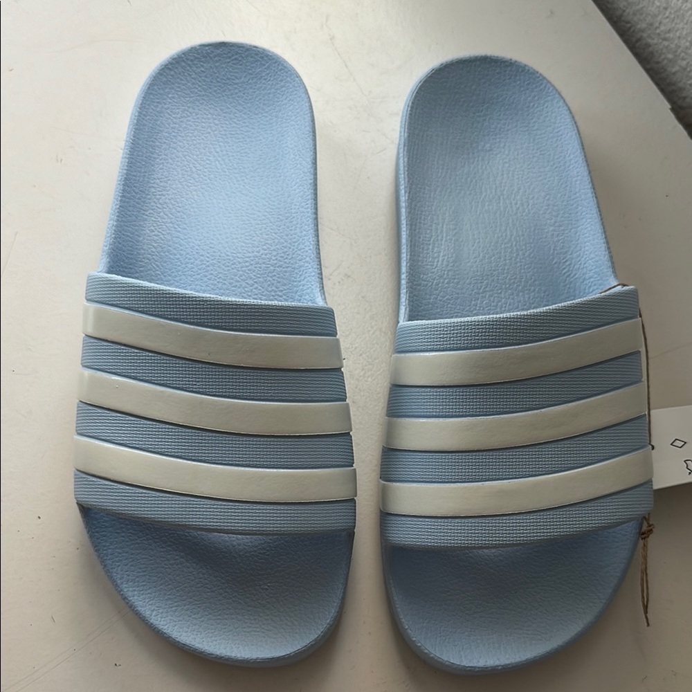 Adidas Blue and White Slide Sandals with Stripes